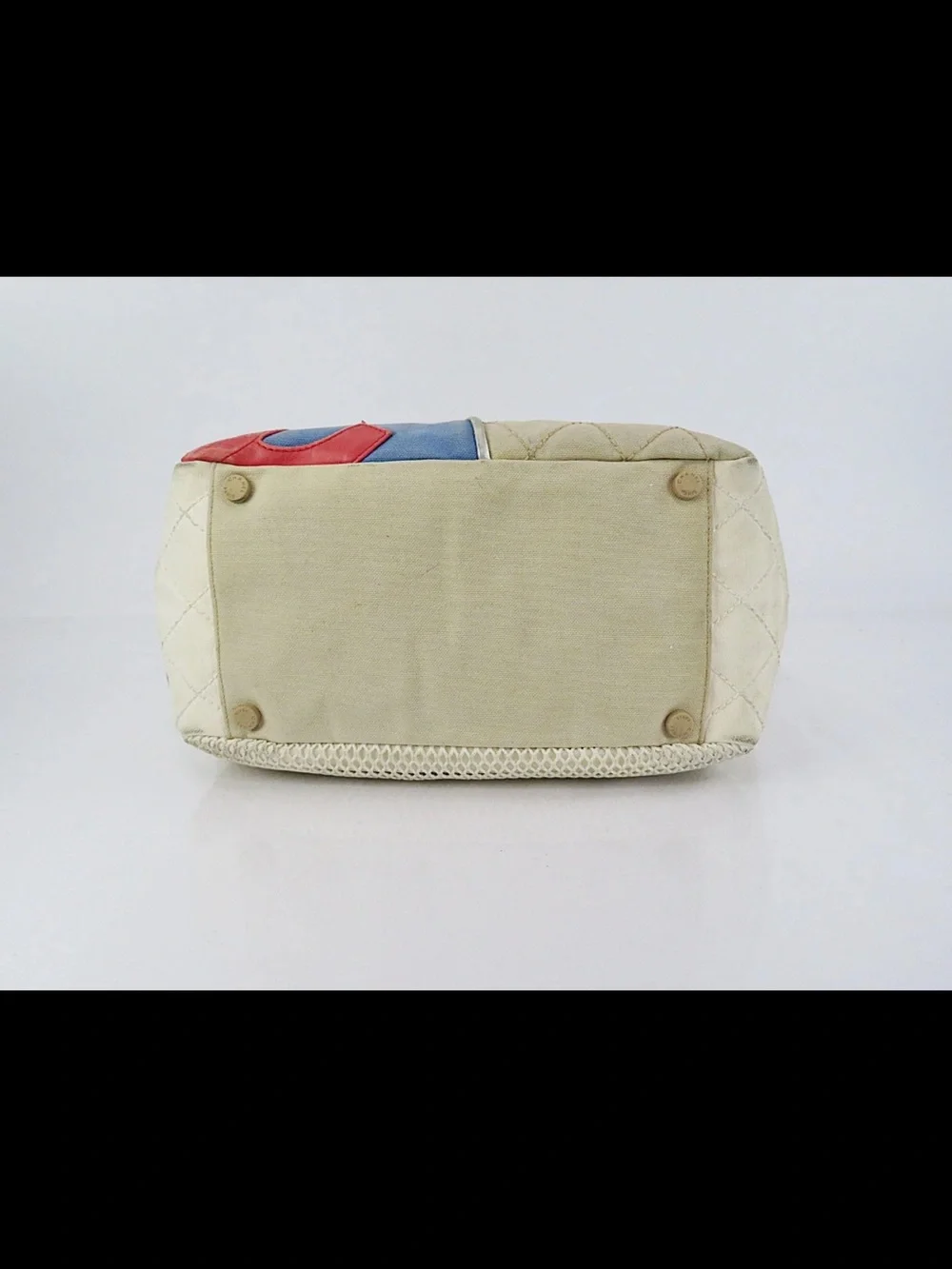 CHANEL Beige Quilted Leather Tote with Blue and Coral Trim